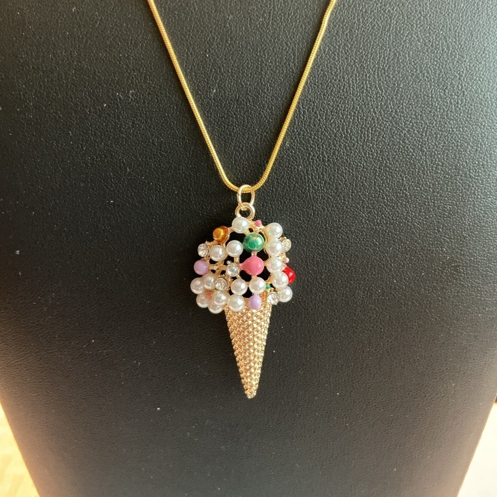 Faux Pearl Waffle Ice Cream Cone Gold Plated Pendant Necklace